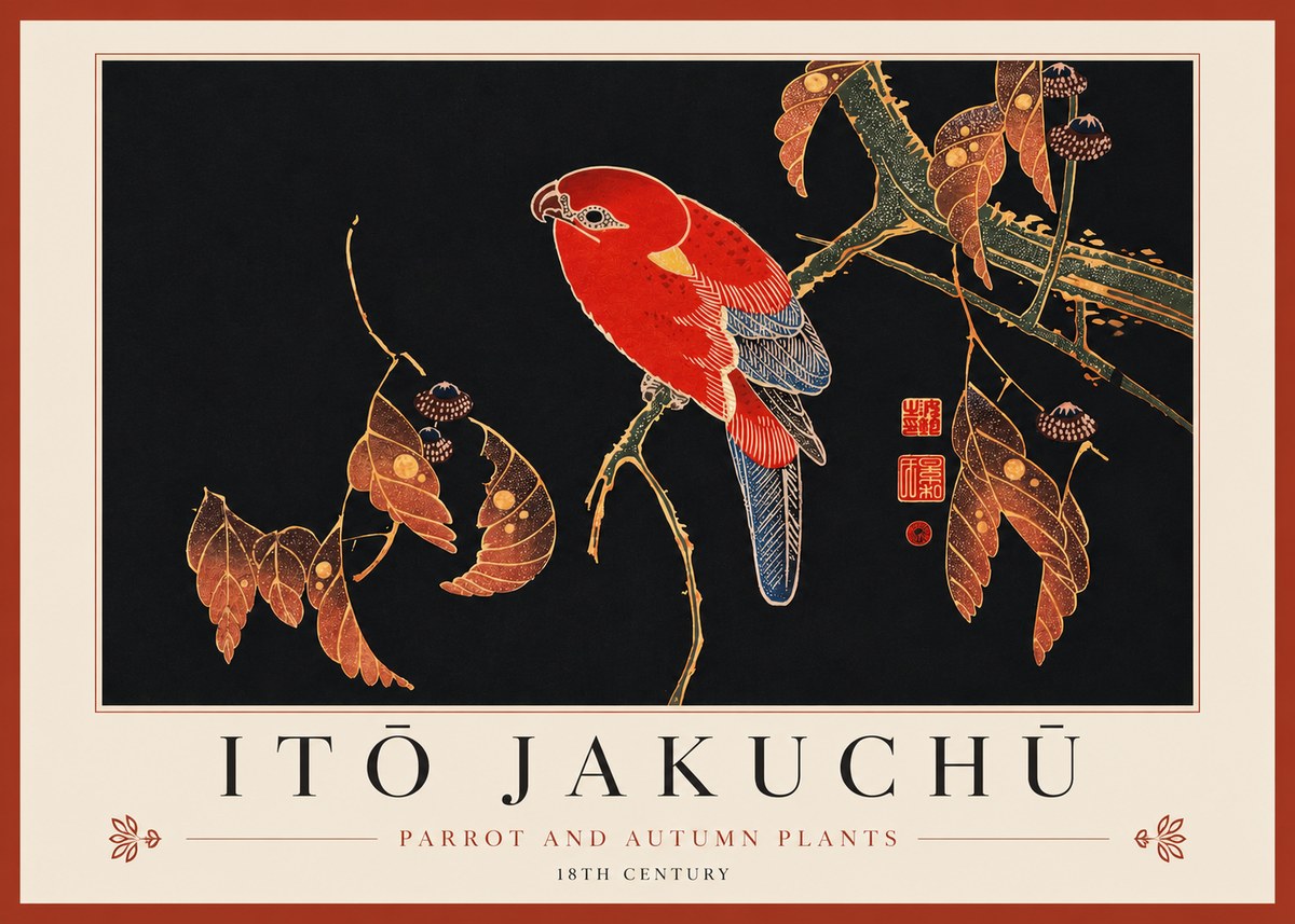Itō Jakuchū Parrot and Autumn Plants No3 - Plakát