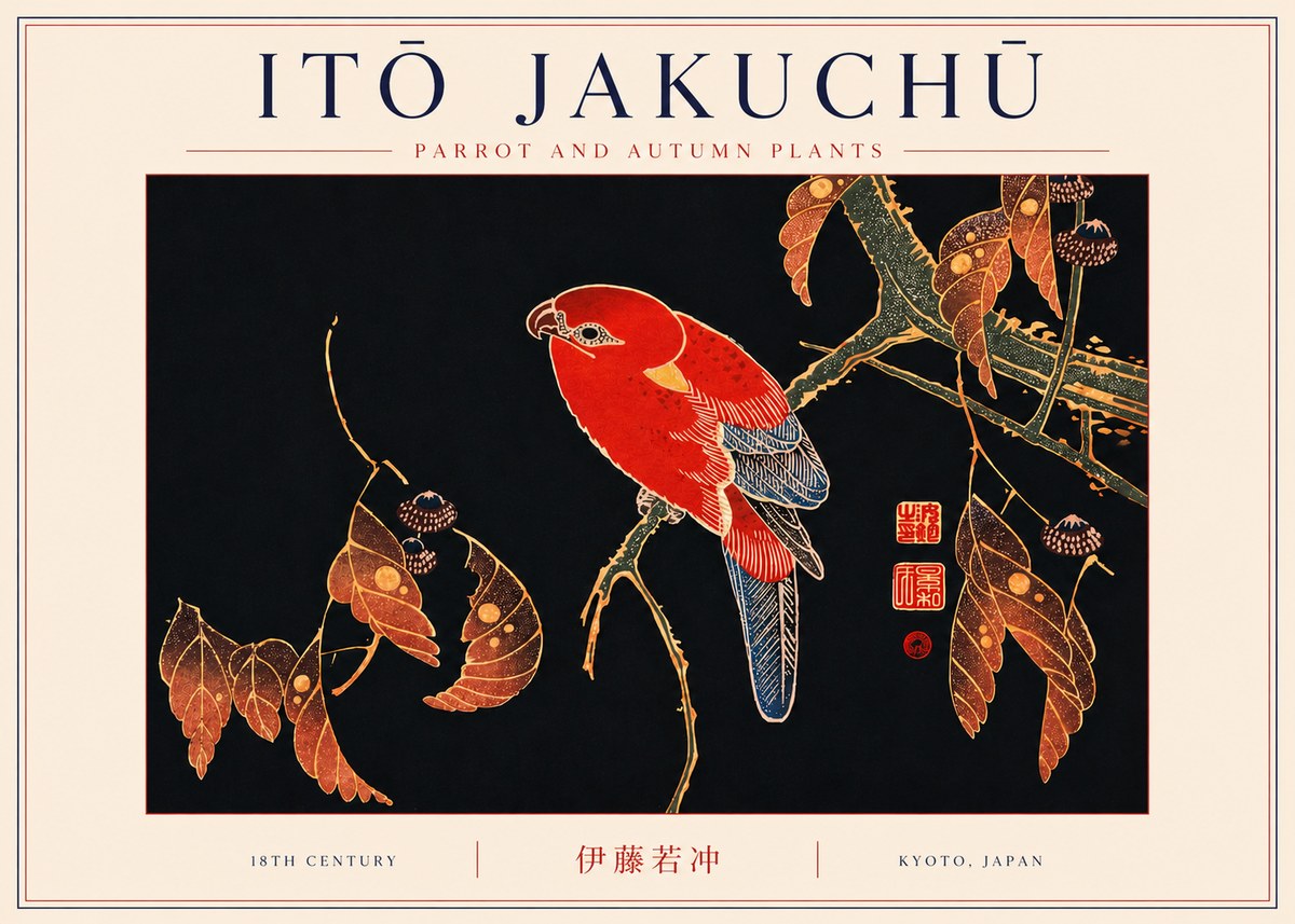 Itō Jakuchū Parrot and Autumn Plants No6 - Plakát