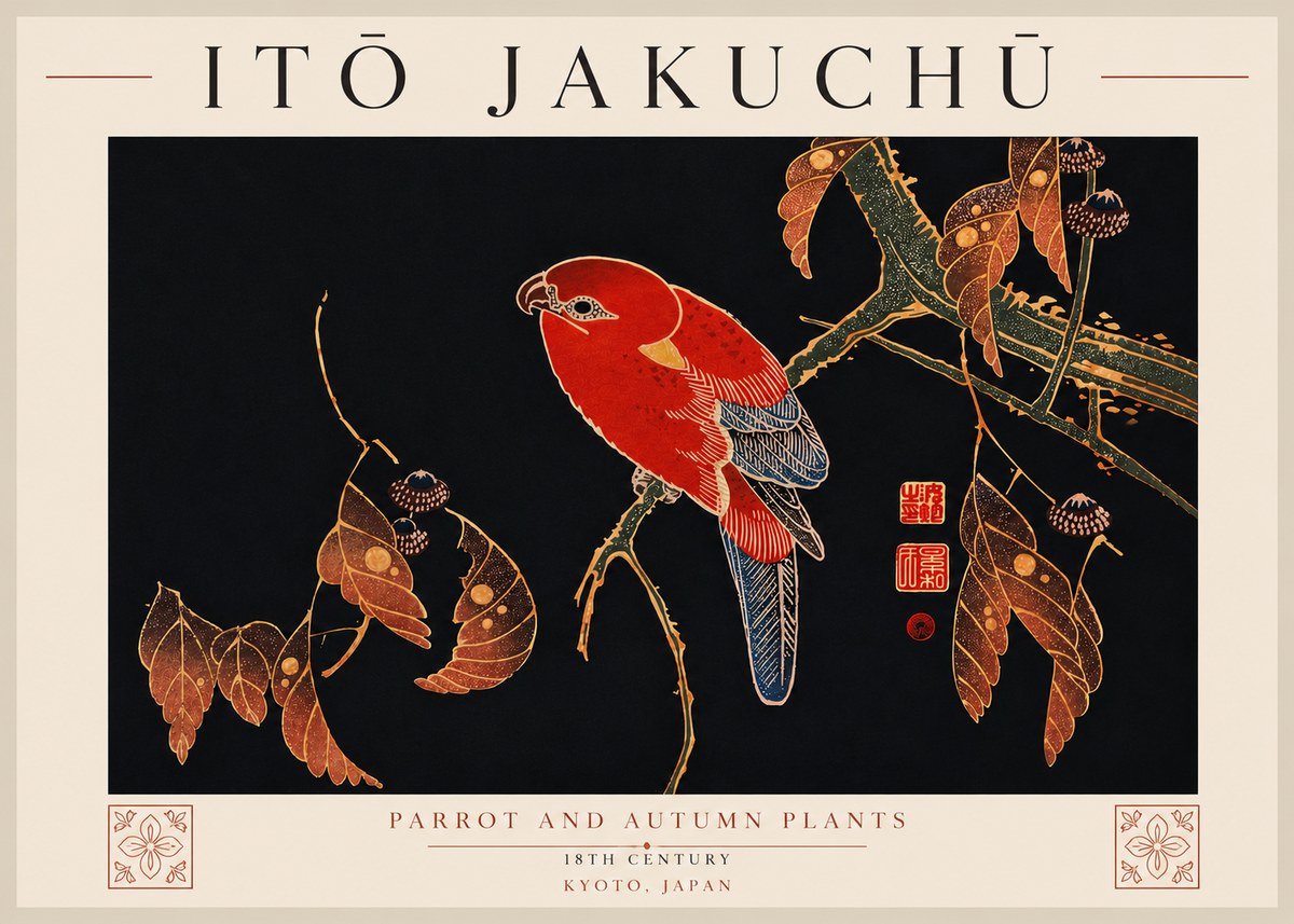 Itō Jakuchū Parrot and Autumn Plants No7 - Plakát