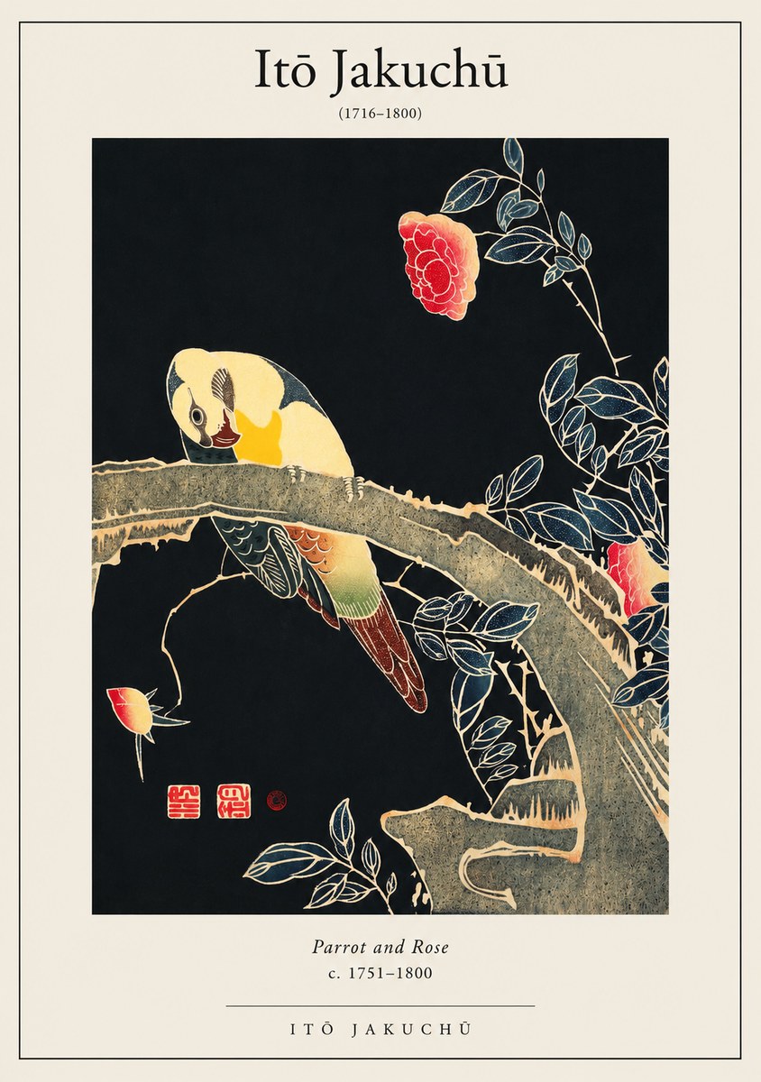 Itō Jakuchū Parrot and Rose No1 - Plakát