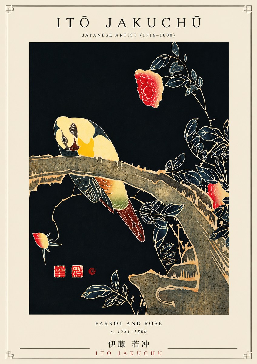Itō Jakuchū Parrot and Rose No5 - Plakát