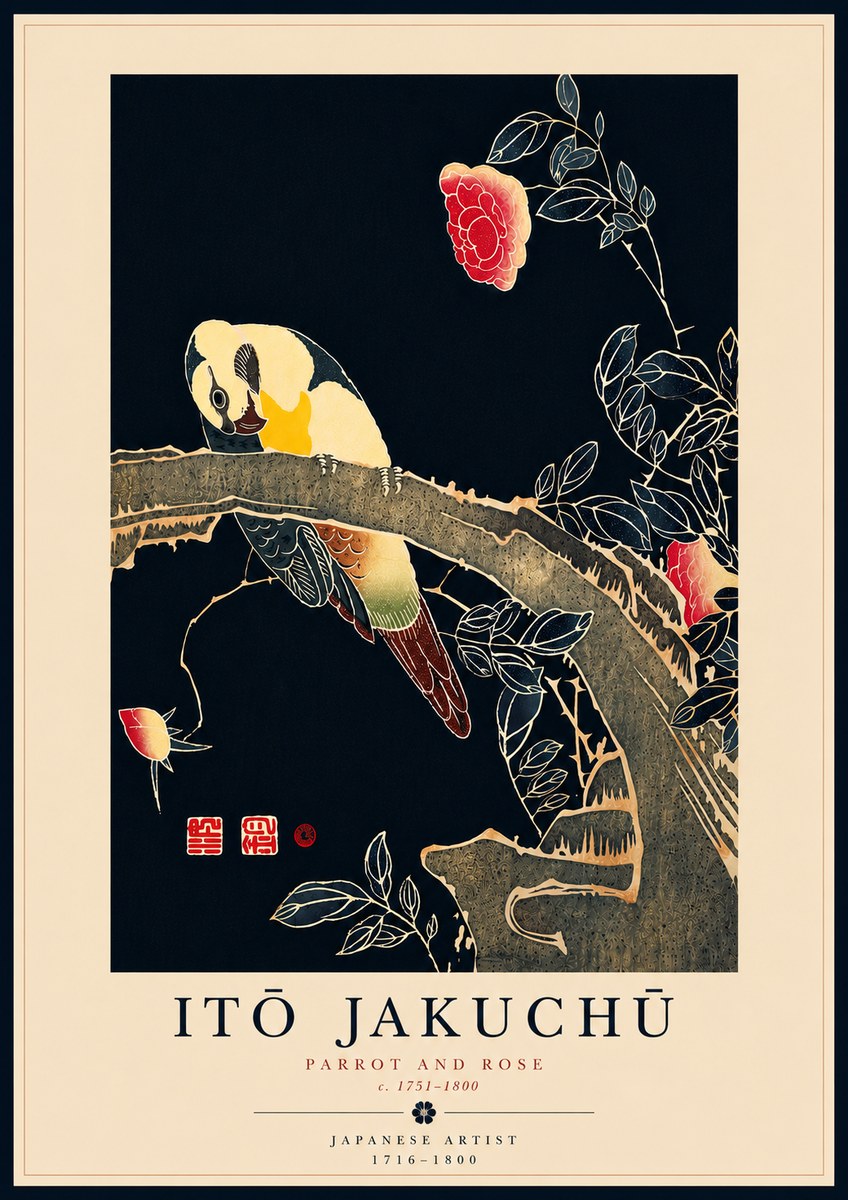 Itō Jakuchū Parrot and Rose No8 - Plakát