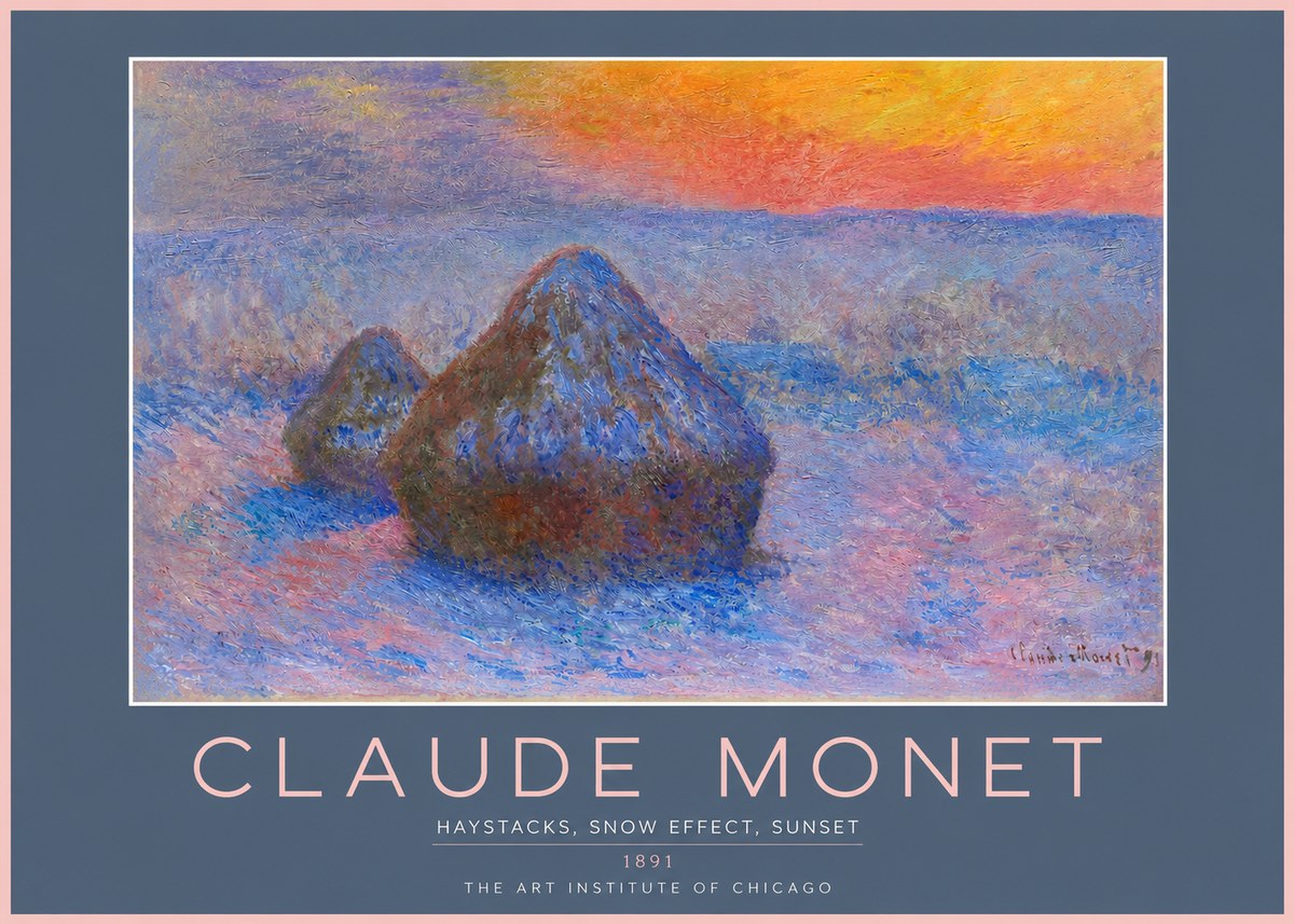 Monet Haystacks, Snow Effect, Sunset No2 - Plakát