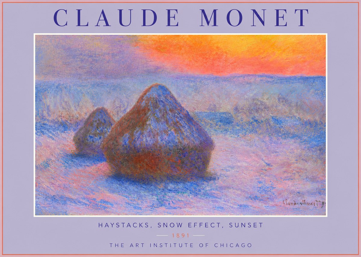 Monet Haystacks, Snow Effect, Sunset No4 - Plakát
