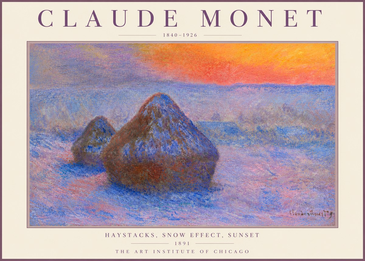 Monet Haystacks, Snow Effect, Sunset No6 - Plakát