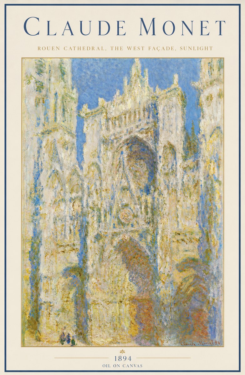 Monet Rouen Cathedral, the West Façade, Sunlight No3 - Plakát