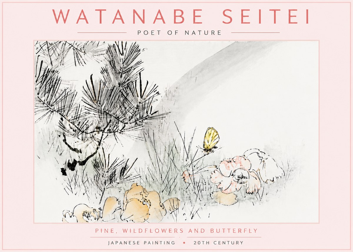 Watanabe Seitei Pine, Wildflowers and Butterfly No6 - Plakát