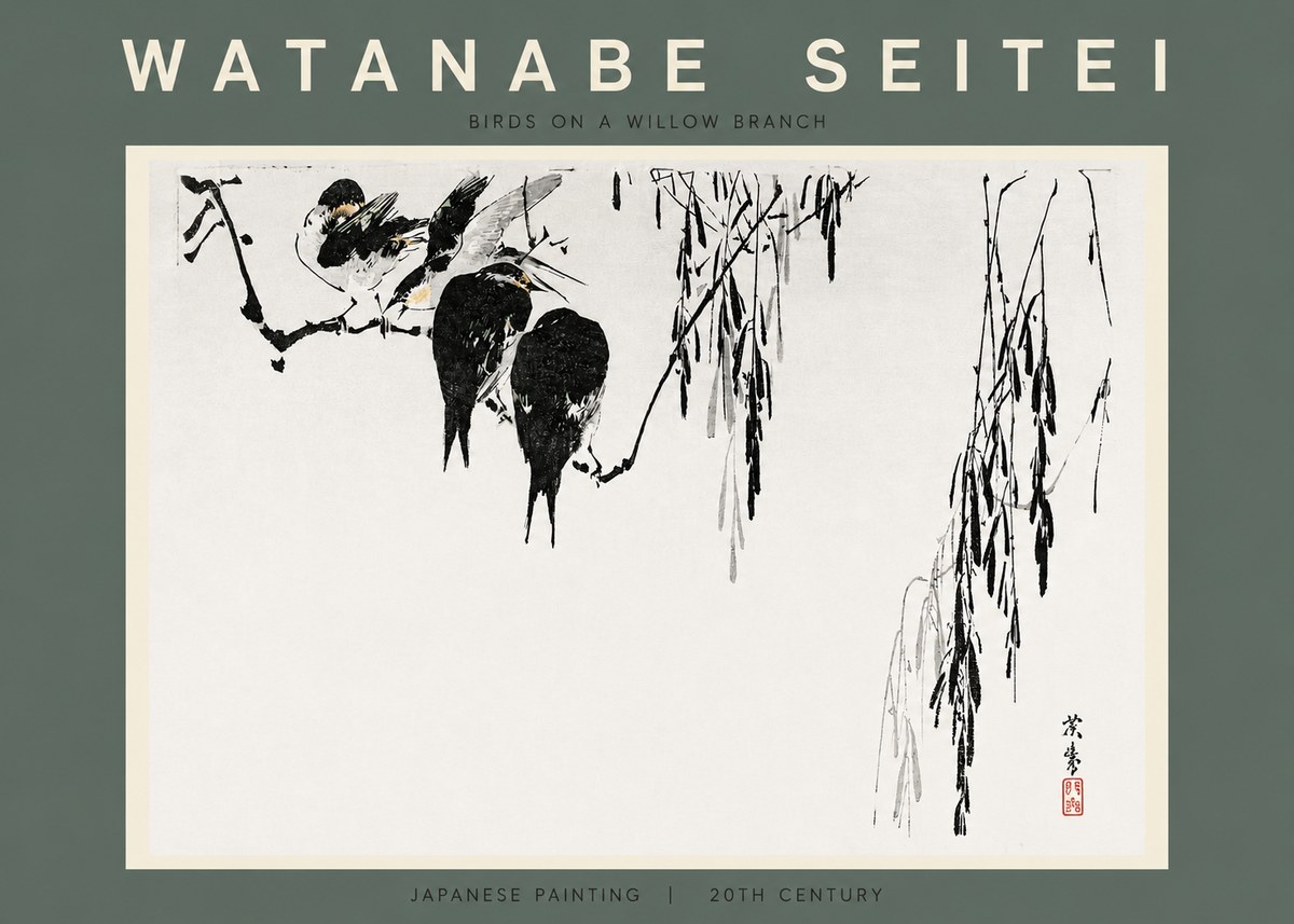 Watanabe Seitei Birds on a Willow Branch No2 - Plakát