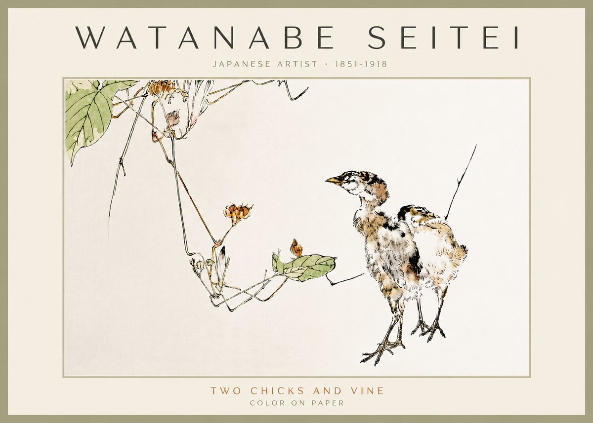 Watanabe Seitei Two Chicks and Vine No3 - Plakát