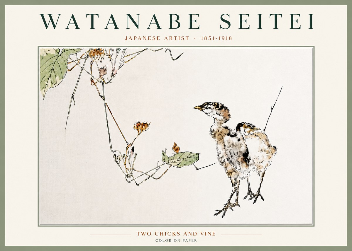 Watanabe Seitei Two Chicks and Vine No4 - Plakát