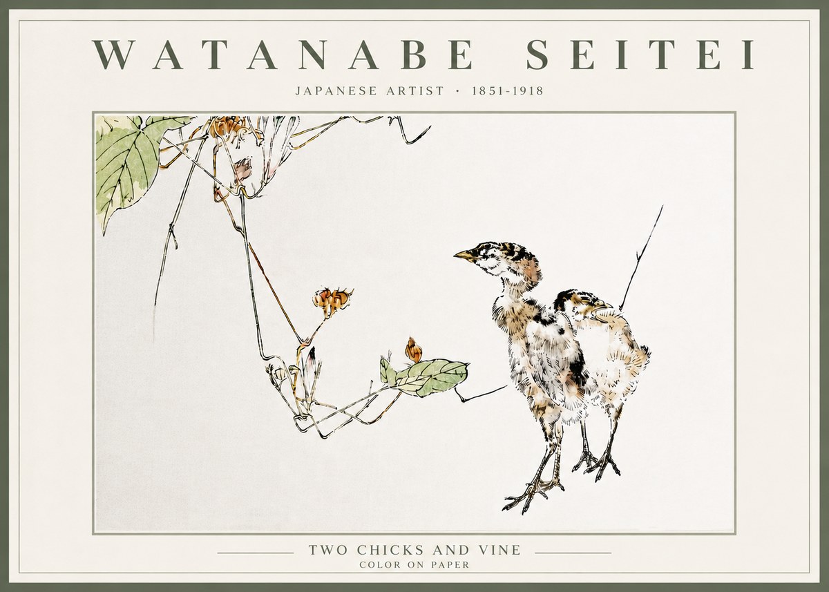 Watanabe Seitei Two Chicks and Vine No5 - Plakát