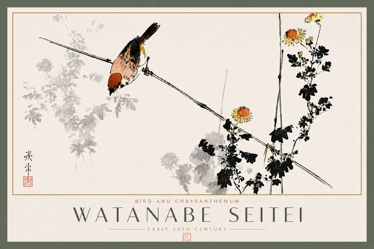Watanabe Seitei Bird and Chrysanthemum No5 - Plakát