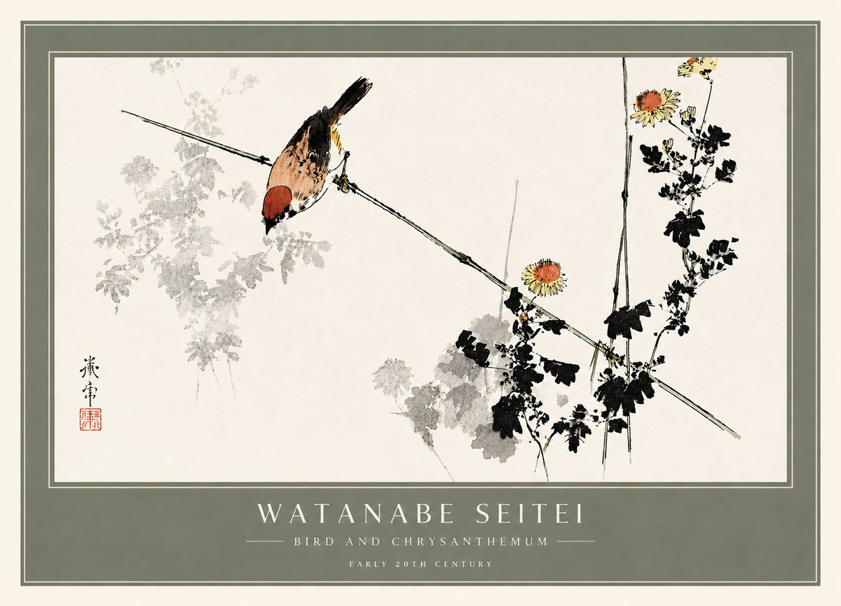 Watanabe Seitei Bird and Chrysanthemum No6 - Plakát