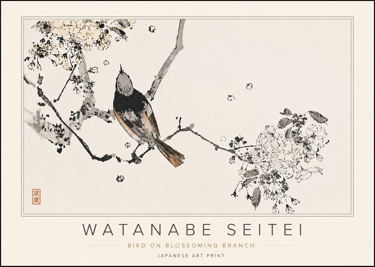 Watanabe Seitei Bird on Blossoming Branch No5 - Plakát