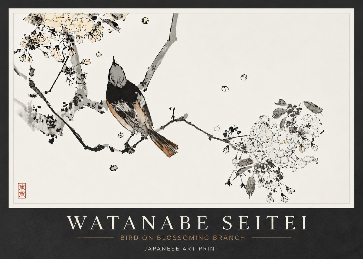 Watanabe Seitei Bird on Blossoming Branch No6 - Plakát