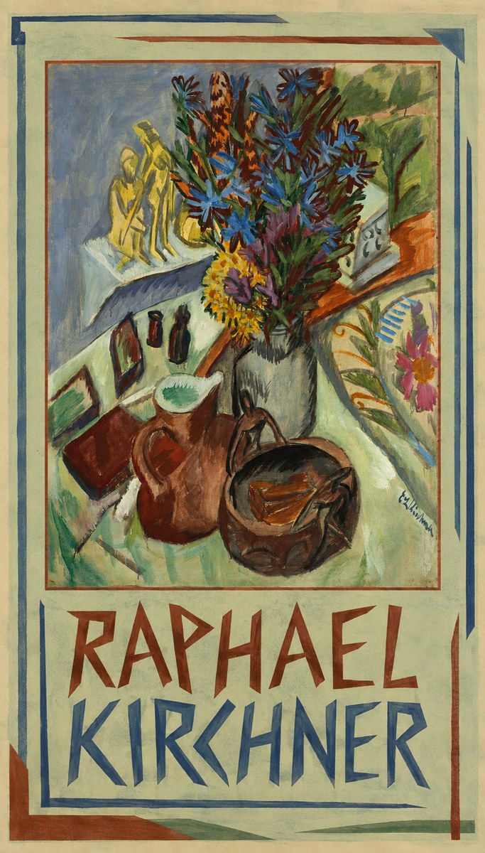 Raphael Kirchner Still Life with Blue Flowers and Figurines No1 - Plakát