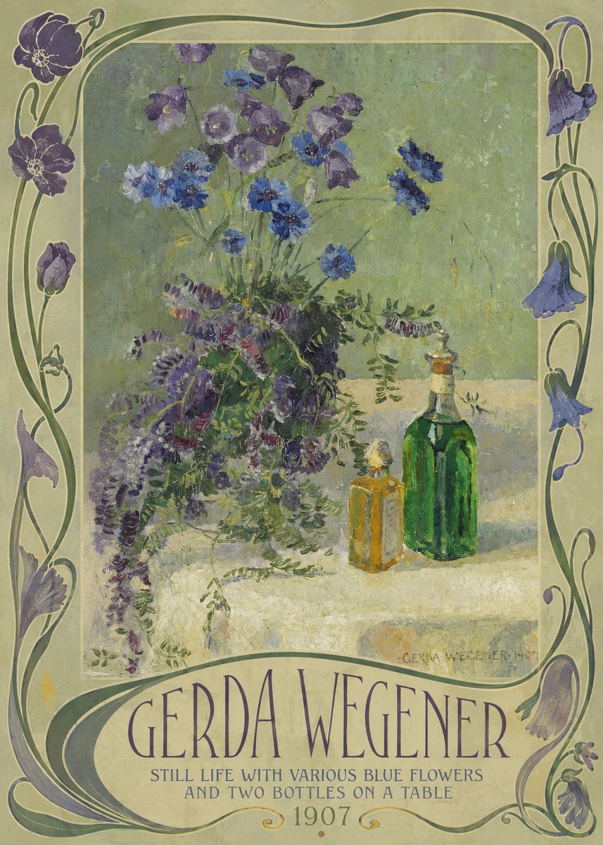 Gerda Wegener Still Life with Various Blue Flowers and Two Bottles on a Table No2 - Plakát