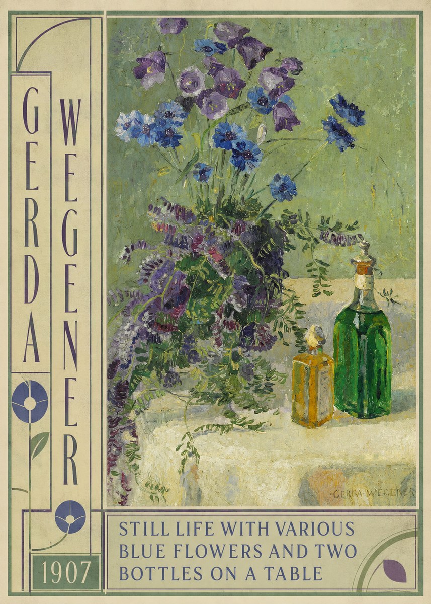 Gerda Wegener Still Life with Various Blue Flowers and Two Bottles on a Table No4 - Plakát