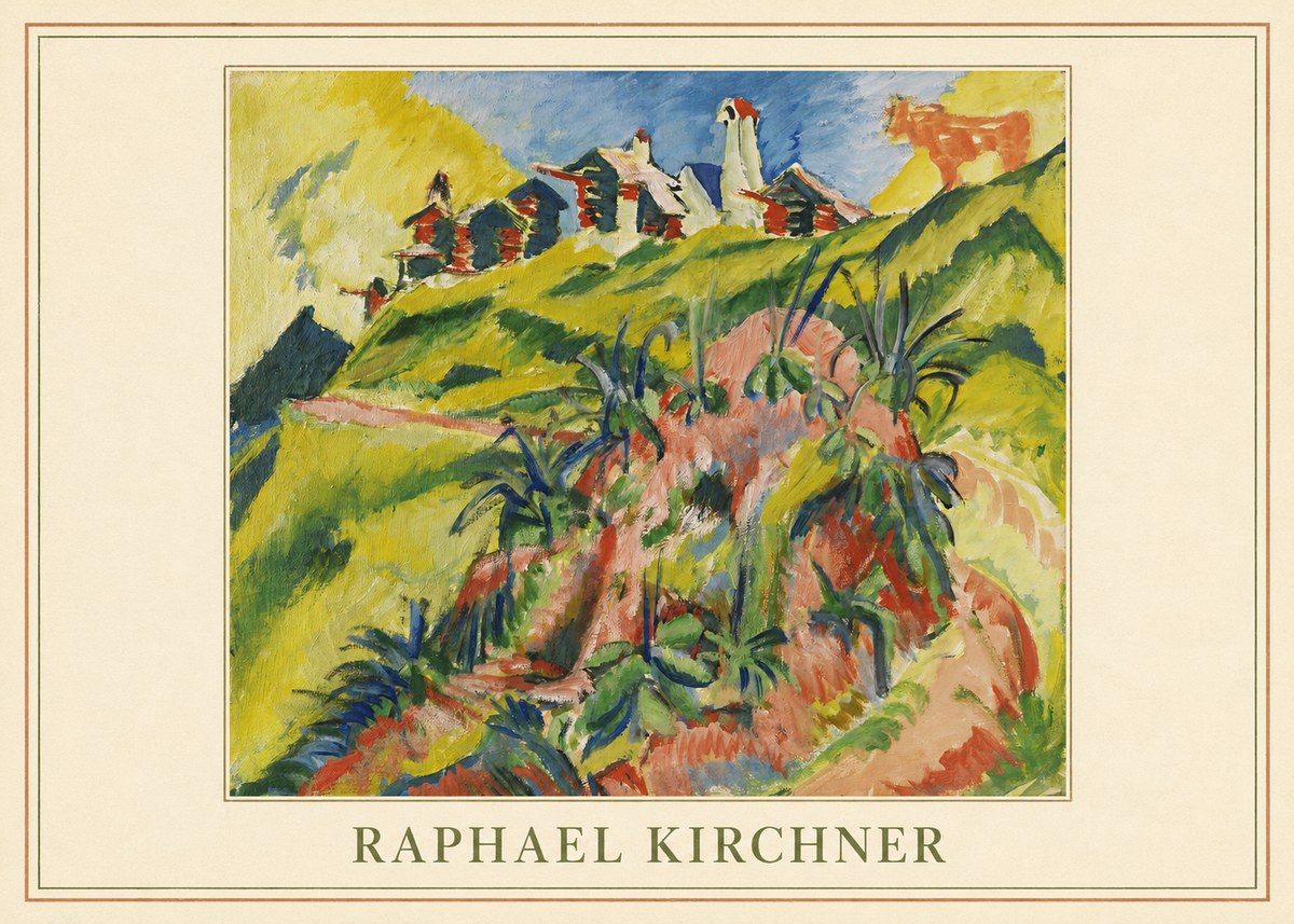 Raphael Kirchner Hillside Dwellings with Alpine Cow No4 - Plakát