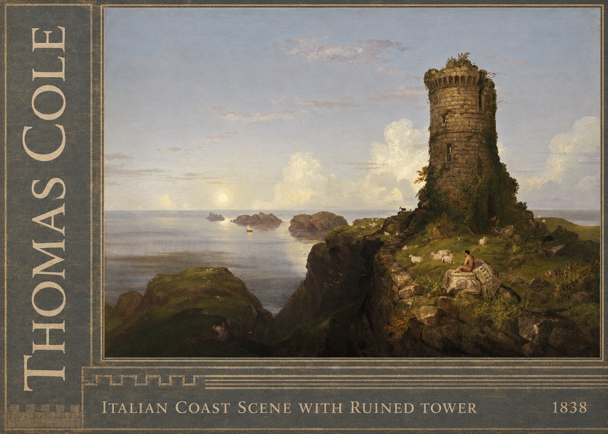 Thomas Cole Italian Coast Scene with Ruined Tower II No2 - Plakát