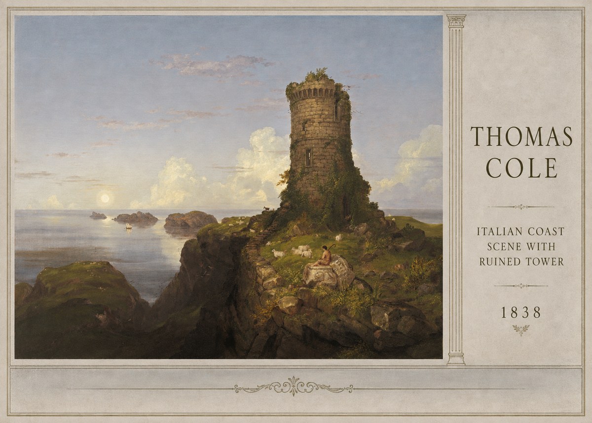 Thomas Cole Italian Coast Scene with Ruined Tower II No4 - Plakát