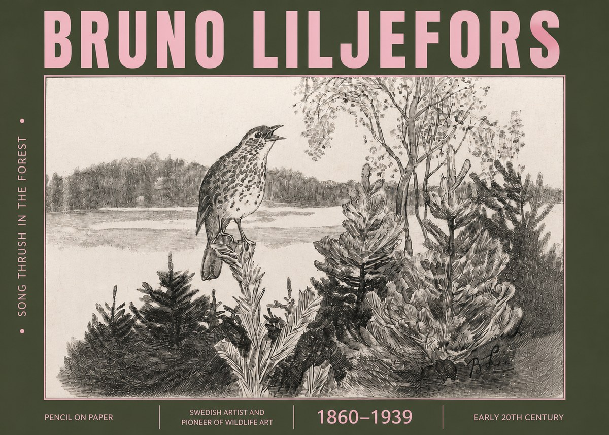 Bruno Liljefors Song Thrush in the Forest No4 - Plakát