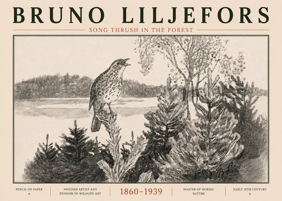 Bruno Liljefors Song Thrush in the Forest No5 - Plakát