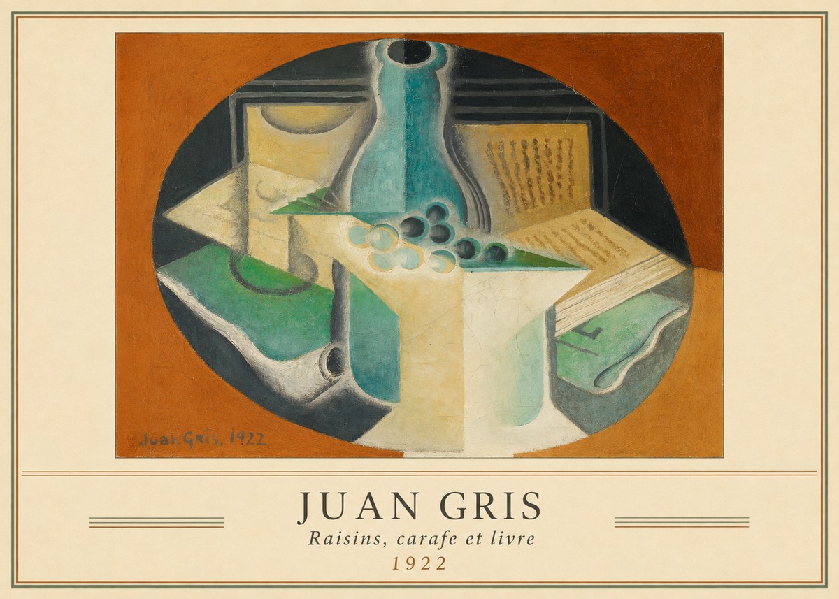 Juan Gris Raisins, Carafe Et Livre No3 - Plakát