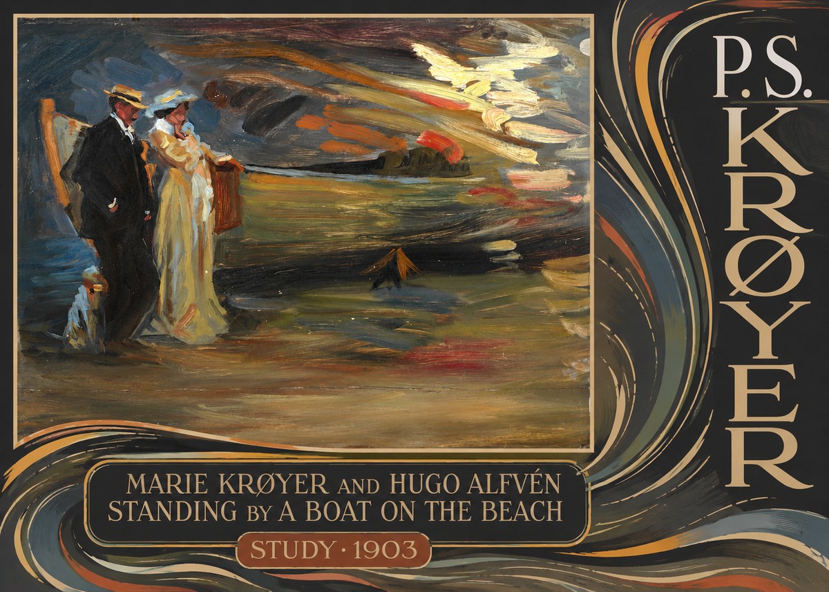 P.S. Krøyer Marie Krøyer and Hugo Alfvén Standing by a Boat on the Beach - Study · 1903 No6 - Plakát