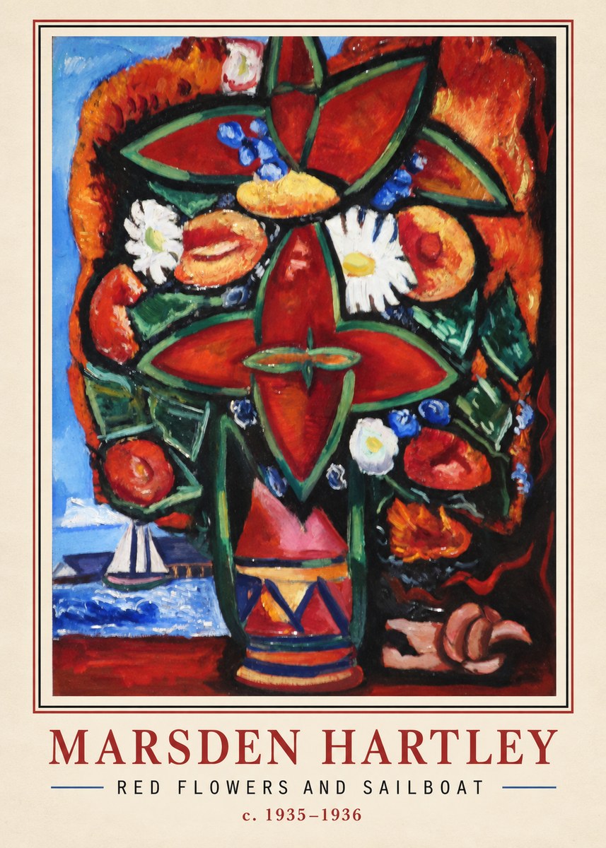 Marsden Hartley Red Flowers and Sailboat No2 - Plakát