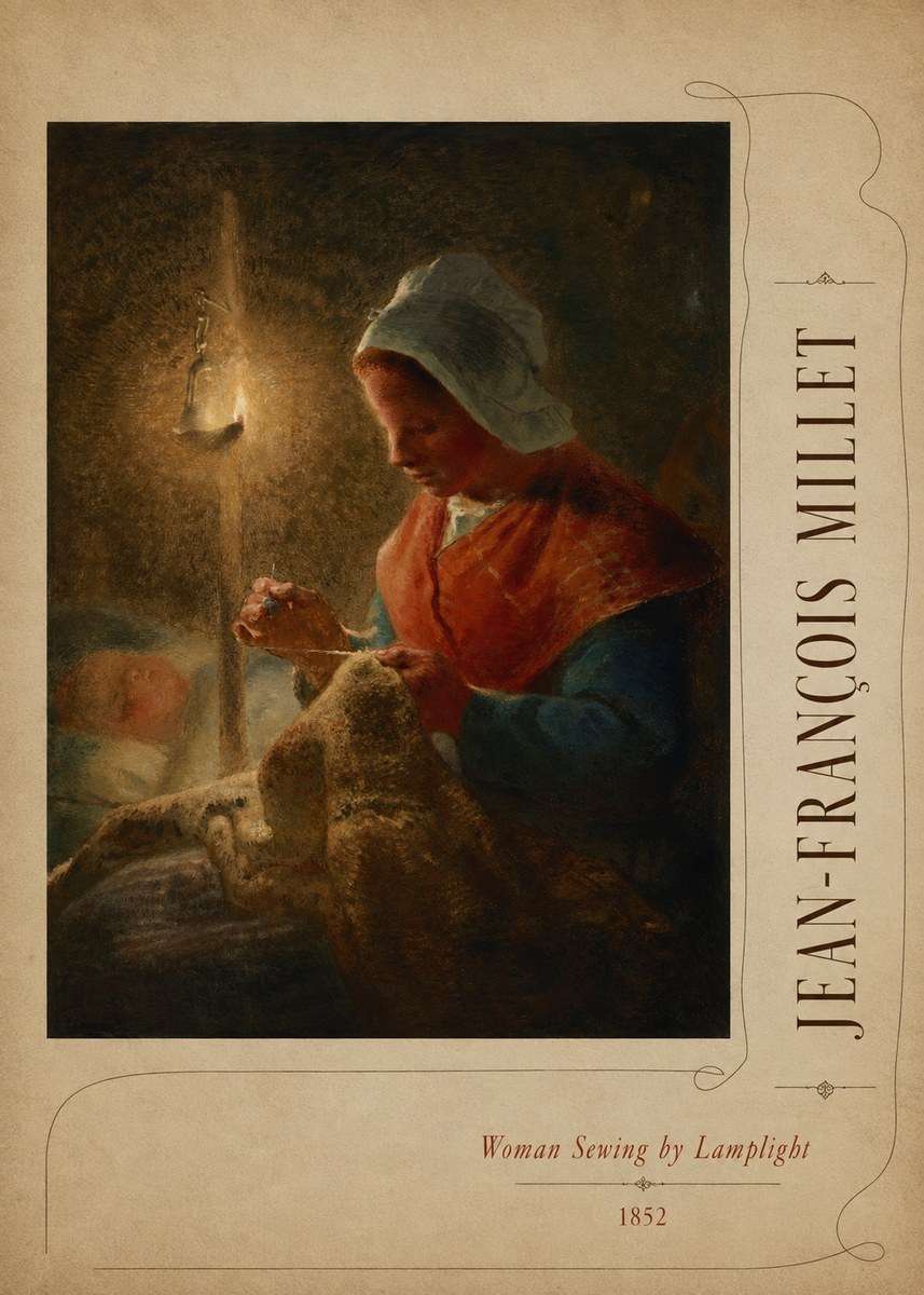 Jean-François Millet Woman Sewing by Lamplight No3 - Plakát
