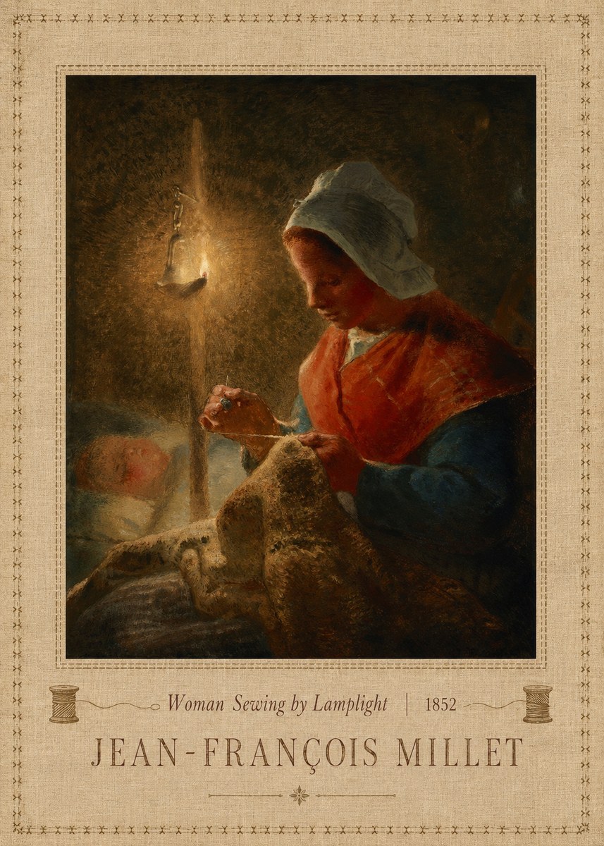Jean-François Millet Woman Sewing by Lamplight No5 - Plakát