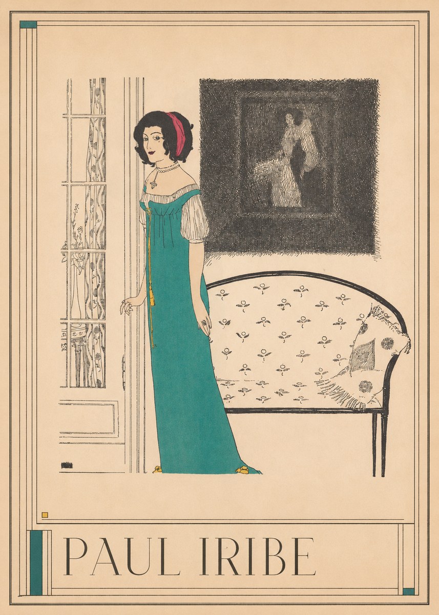 Paul Iribe Woman in Teal Gown No1 - Plakát