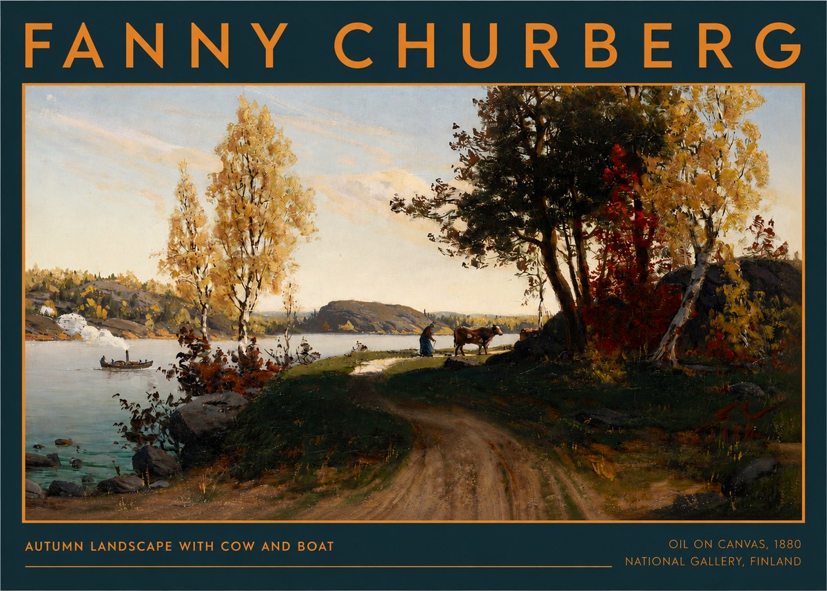 Fanny Churberg Autumn Landscape with Cow and Boat No2 - Plakát