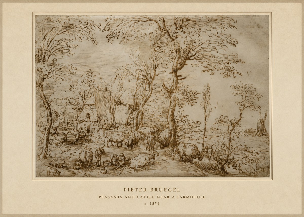 Pieter Bruegel Peasants and Cattle Near a Farmhouse No4 - Plakát