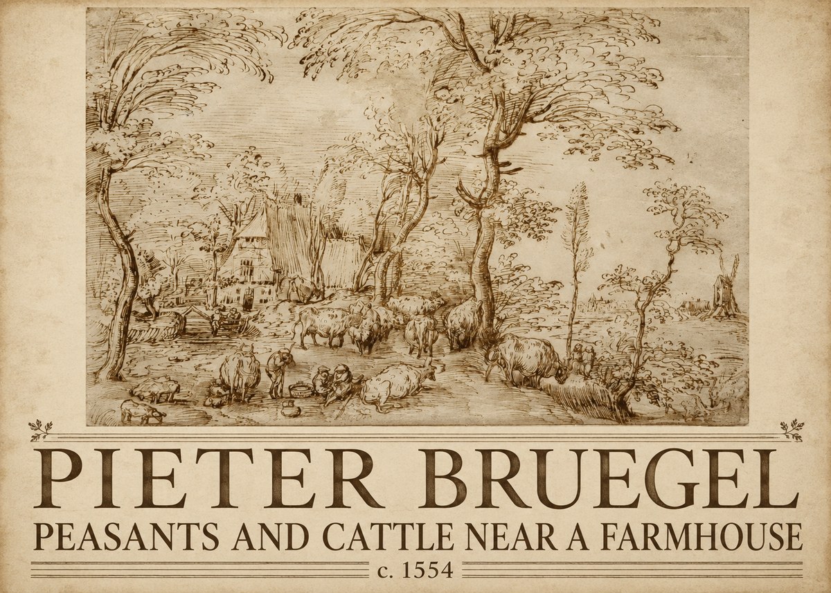 Pieter Bruegel Peasants and Cattle Near a Farmhouse No5 - Plakát