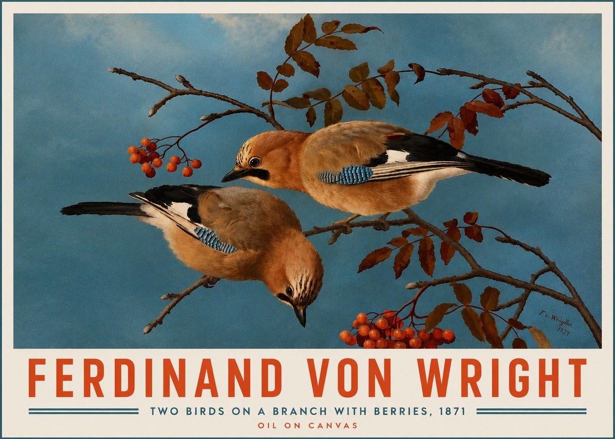 Ferdinand von Wright Two Birds on a Branch with Berries, 1871 No5 - Plakát
