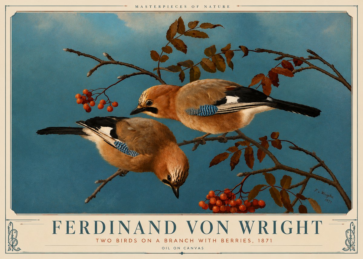 Ferdinand von Wright Two Birds on a Branch with Berries, 1871 No6 - Plakát