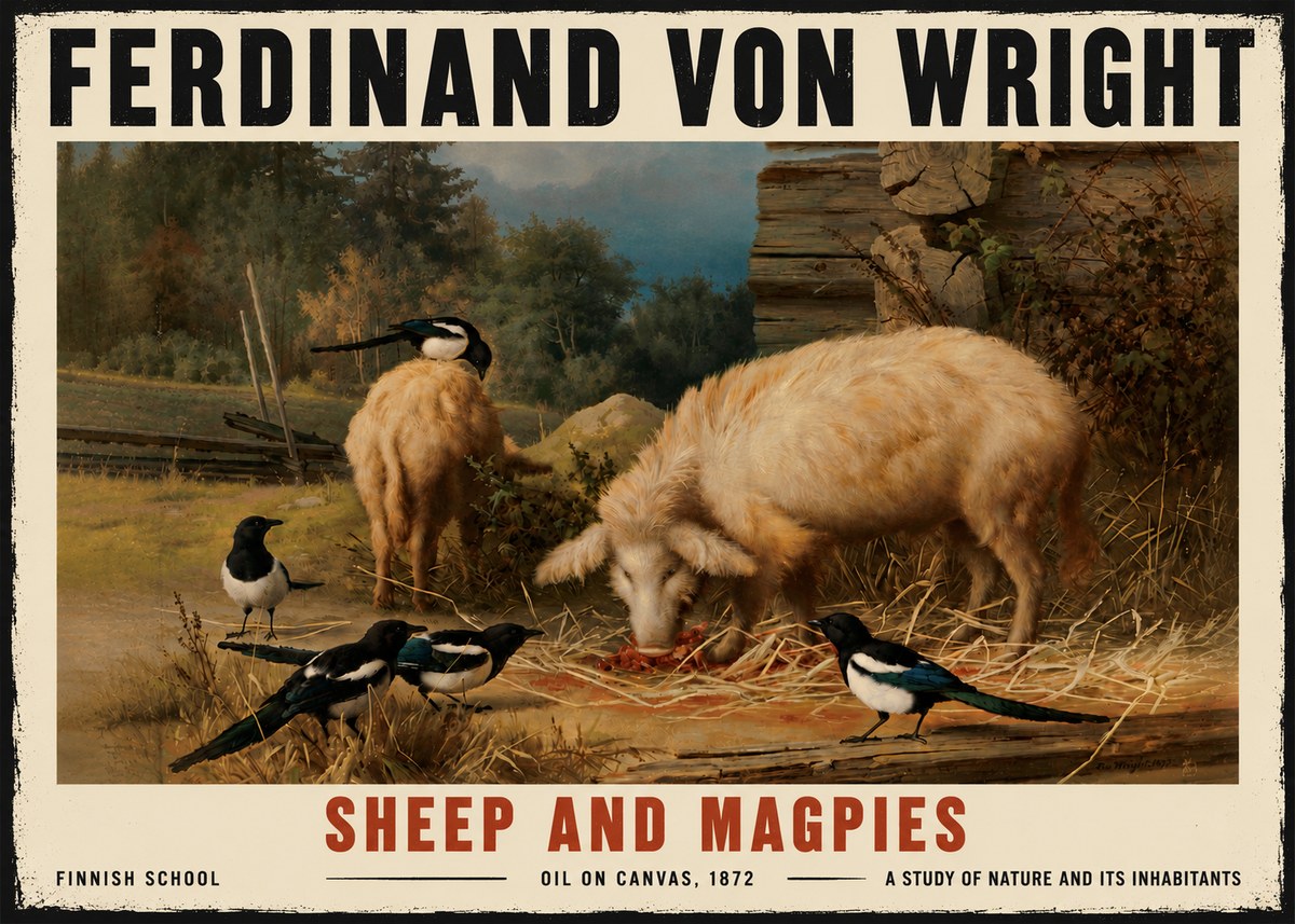 Ferdinand von Wright Sheep and Magpies No6 - Plakát
