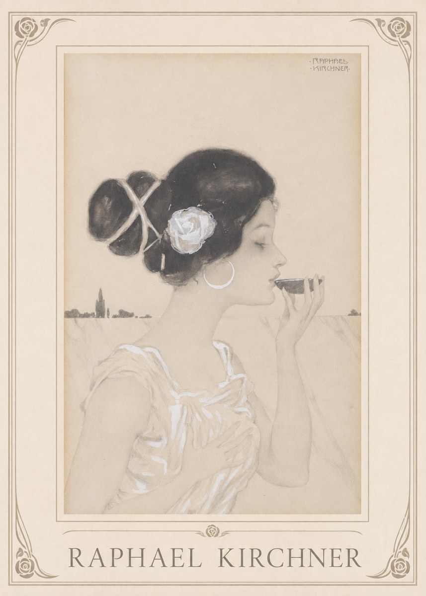 Raphael Kirchner Elegant Lady with Rose and Cup No1 - Plakát