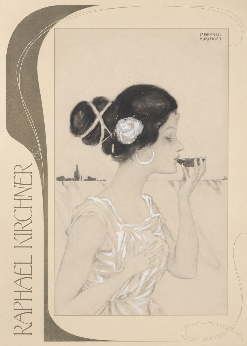 Raphael Kirchner Elegant Lady with Rose and Cup No2 - Plakát
