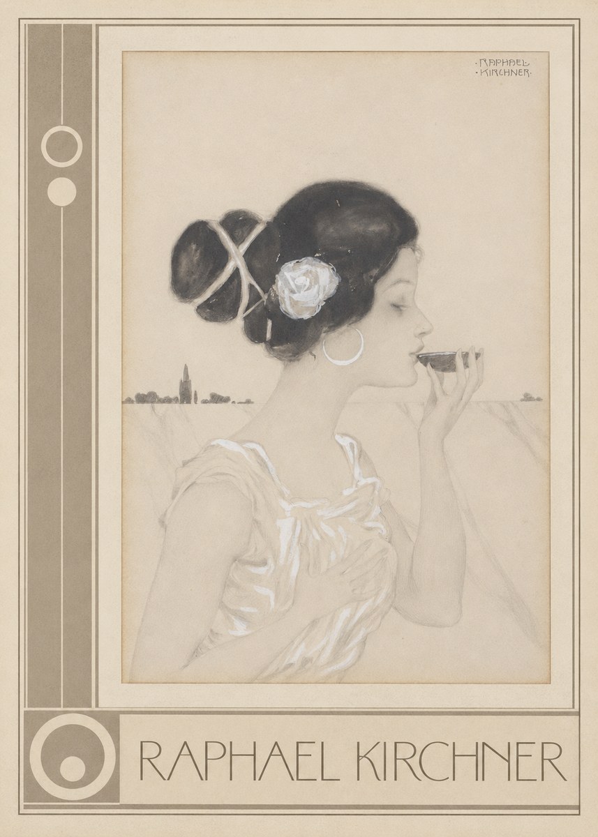 Raphael Kirchner Elegant Lady with Rose and Cup No3 - Plakát