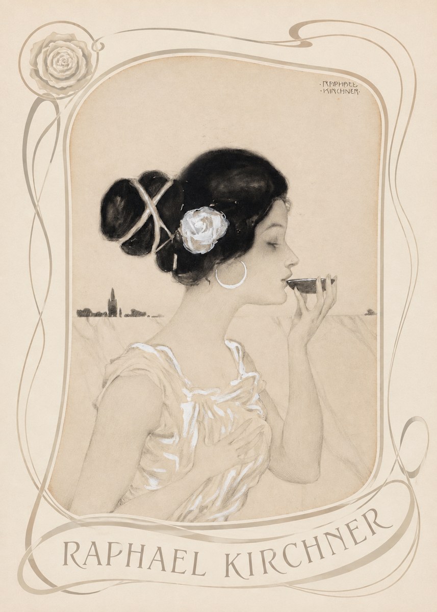 Raphael Kirchner Elegant Lady with Rose and Cup No4 - Plakát