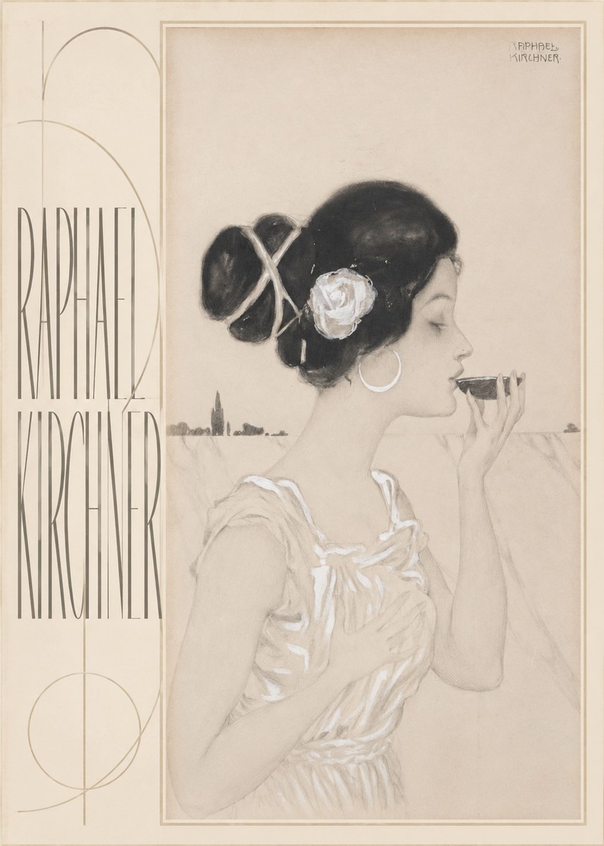 Raphael Kirchner Elegant Lady with Rose and Cup No5 - Plakát